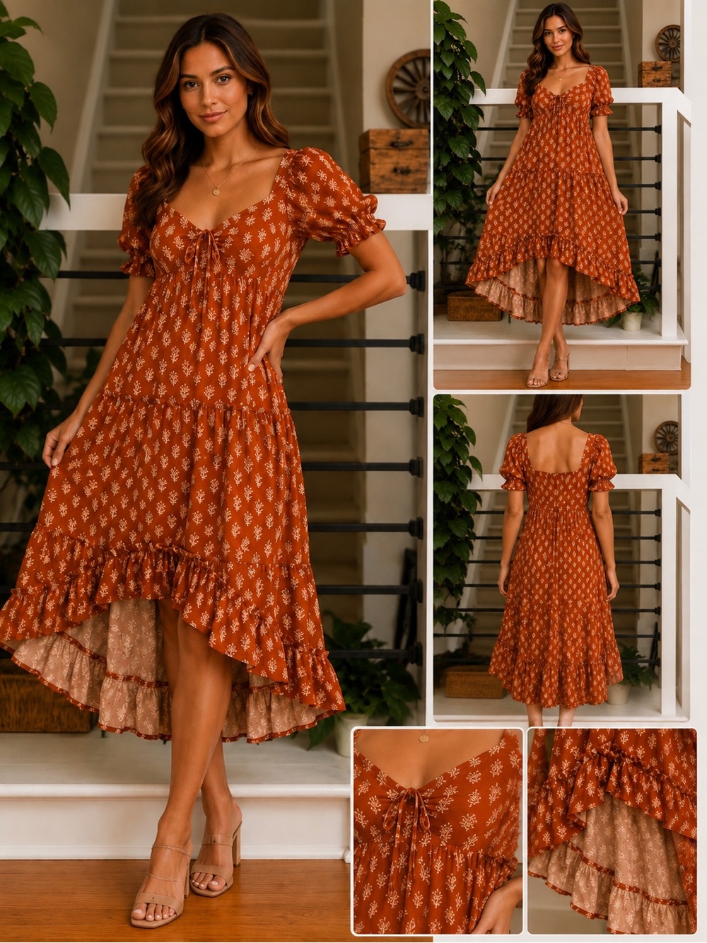 Patrons of Peace Rust Floral Puff Sleeve Tiered Midi Dress Size Small